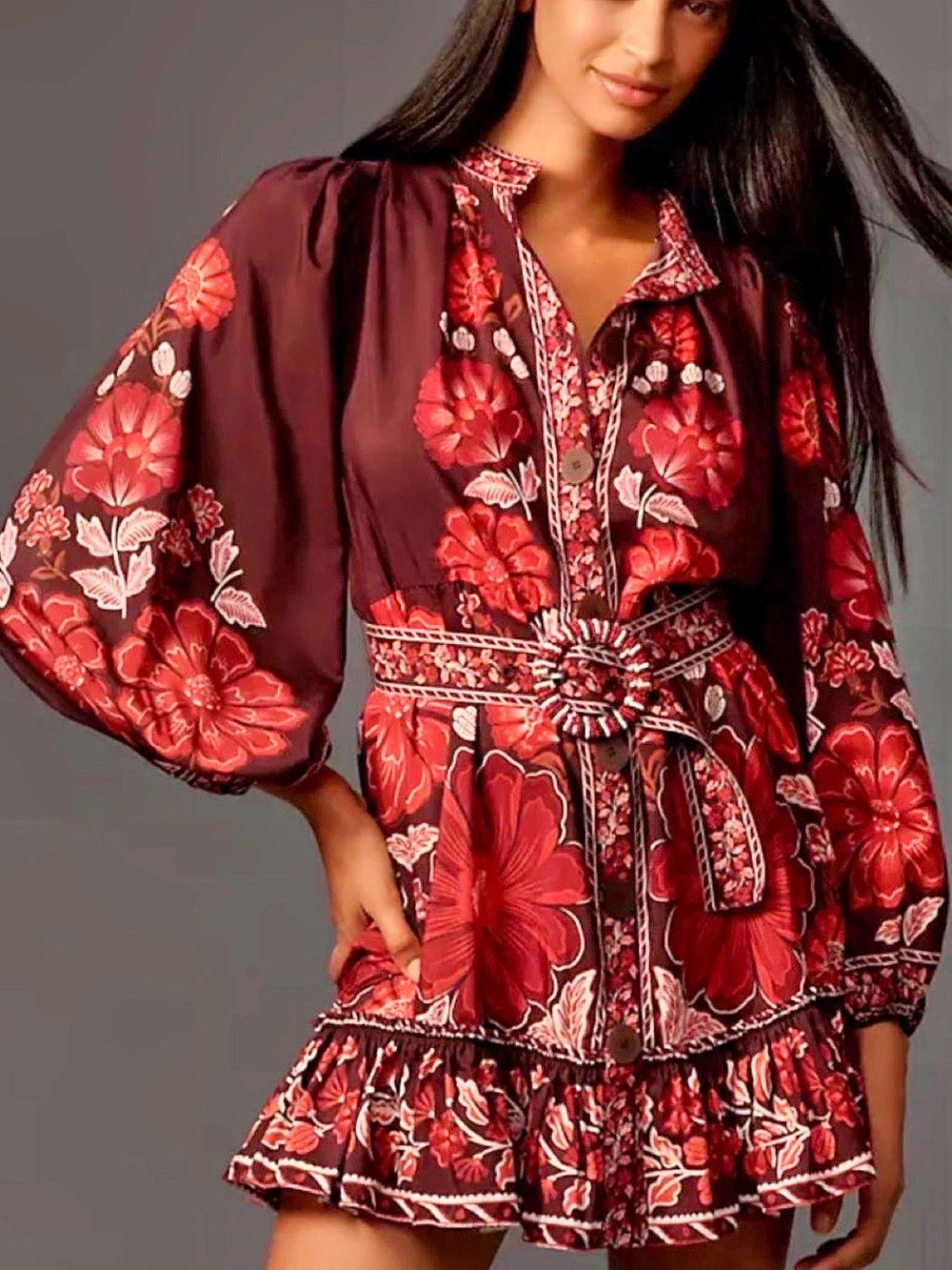 Farm Rio Gigi Tapestry Mini Dress Floral Mini Dress Red & Black Medium